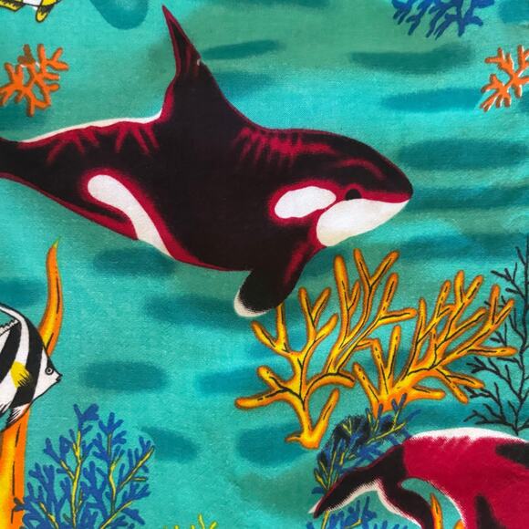 Vintage 90s Orca Print Rayon Hawaiian Printed Shirt Teal Ocean Fish Coral Medium - Picture 8 of 10